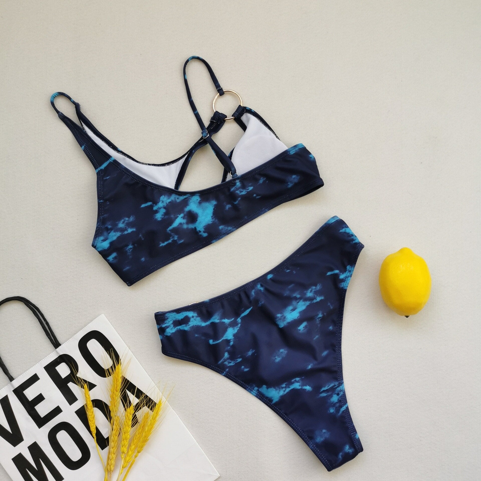 3 Colors Sexy Bikini High Waist Hollow Print Metal Ring Swimwear Blue