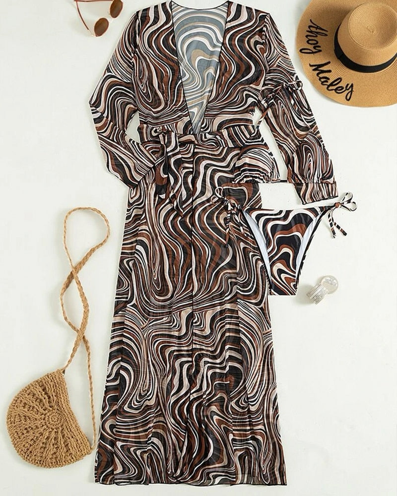 3 Pack Fluid Pattern Lace Up Bikini Tropical Swimsuit and Kimono Sexy - Three Pieces Swimwear 1