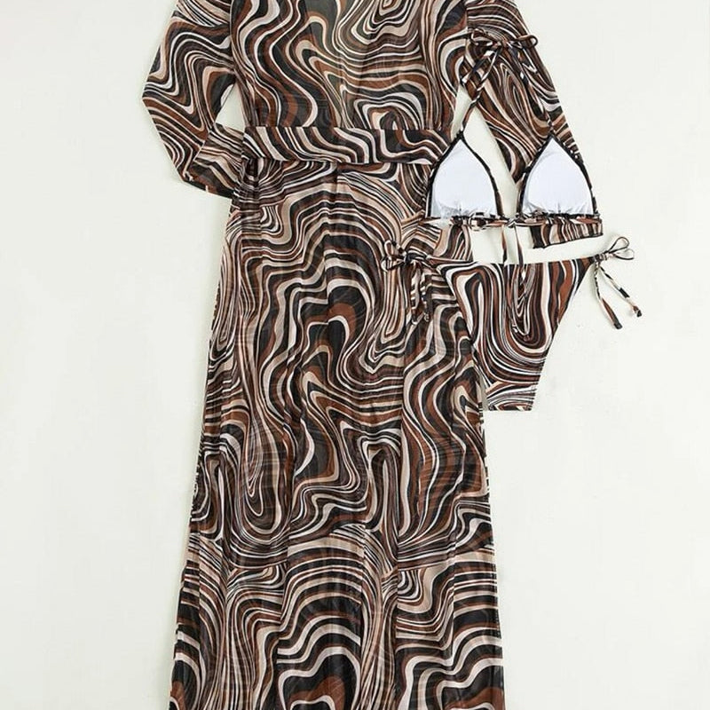 3 Pack Fluid Pattern Lace Up Bikini Tropical Swimsuit and Kimono Sexy - Three Pieces Swimwear