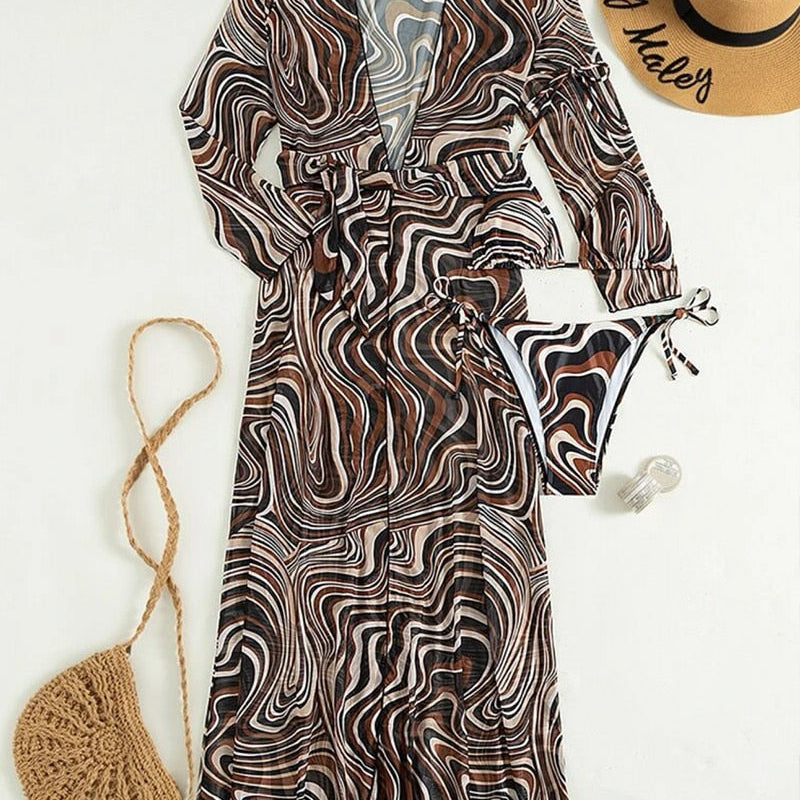 3 Pack Fluid Pattern Lace Up Bikini Tropical Swimsuit and Kimono Sexy - Three Pieces Swimwear