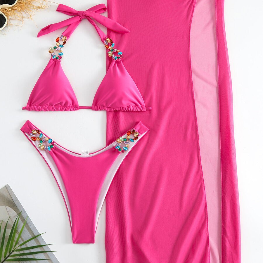 3 Piece Backless Bikinis &amp; Long Beach Skirt Swimwear Women 2024New Colorful Diamond Link Swimsuit Summer Beachwear Lady Swimming s1Rose Red