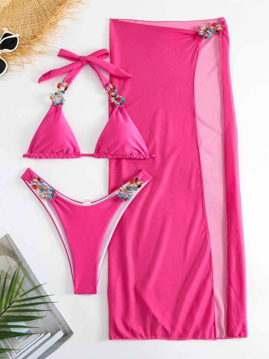 3 Piece Backless Bikinis &amp; Long Beach Skirt Swimwear Women 2024New Colorful Diamond Link Swimsuit Summer Beachwear Lady Swimming s1Rose Red