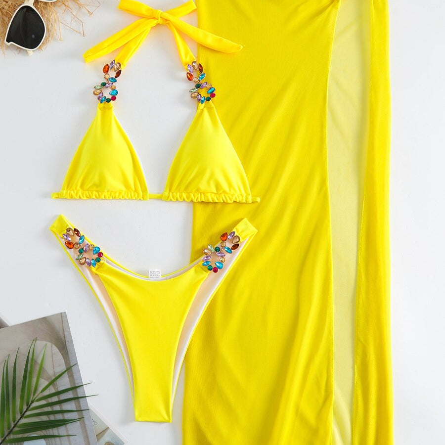 3 Piece Backless Bikinis &amp; Long Beach Skirt Swimwear Women 2024New Colorful Diamond Link Swimsuit Summer Beachwear Lady Swimming s2Yellow