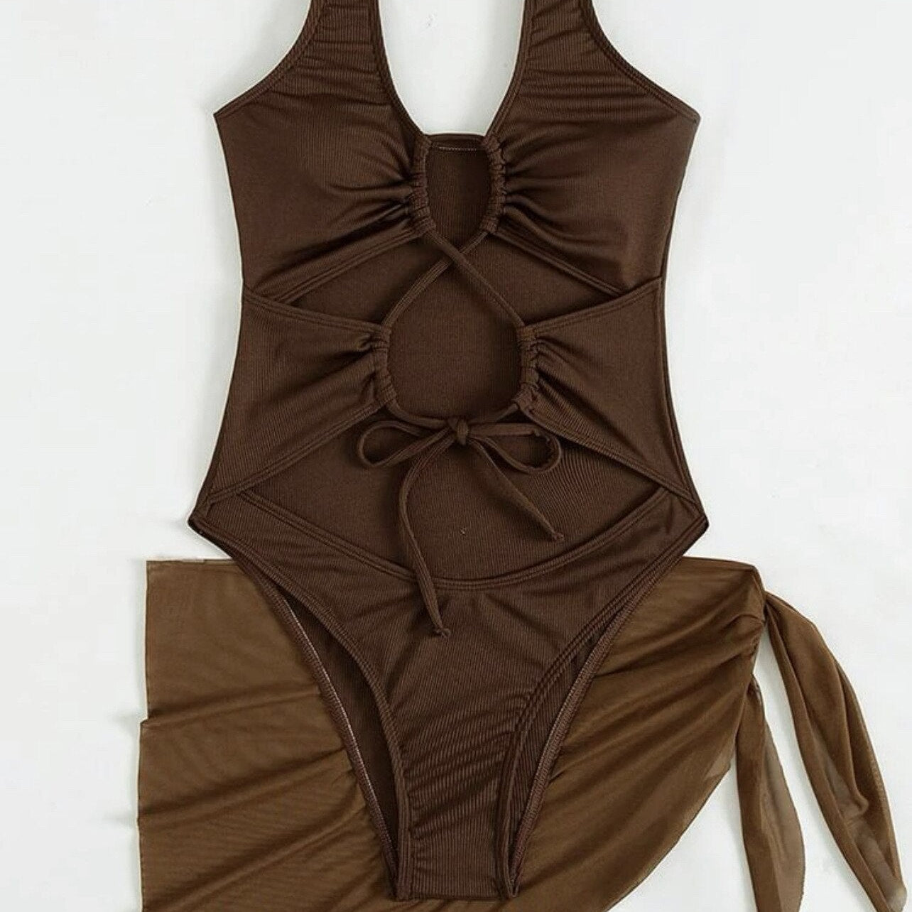 3 Pieces Mesh Skirt Swimsuit One Piece Cut Out Sexy - Textured Monokini Solid Bathing Suit Beach Wear