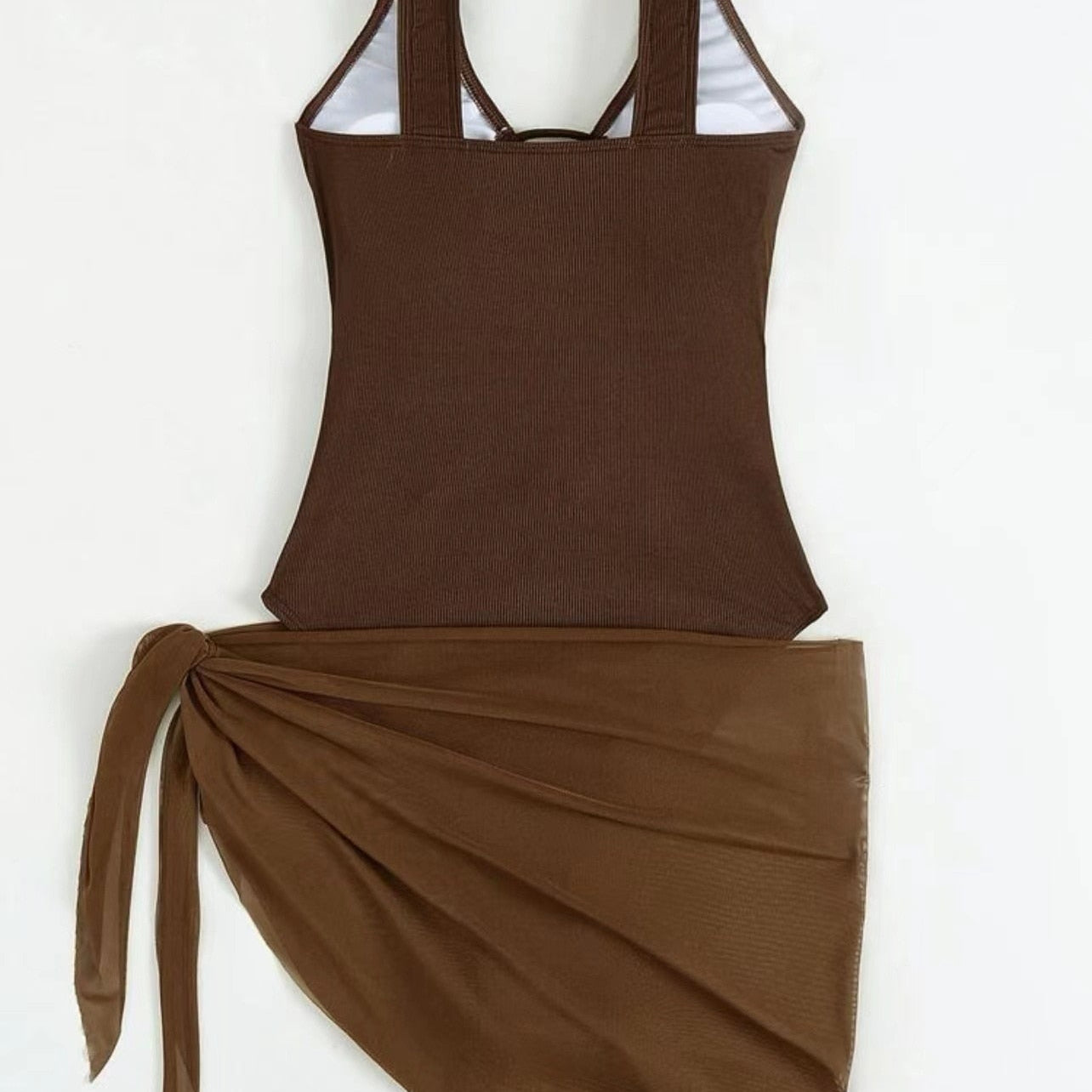 3 Pieces Mesh Skirt Swimsuit One Piece Cut Out Sexy - Textured Monokini Solid Bathing Suit Beach Wear