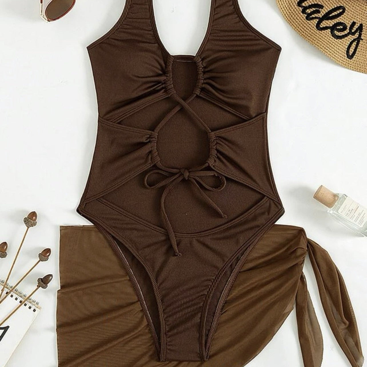 3 Pieces Mesh Skirt Swimsuit One Piece Cut Out Sexy - Textured Monokini Solid Bathing Suit Beach Wear