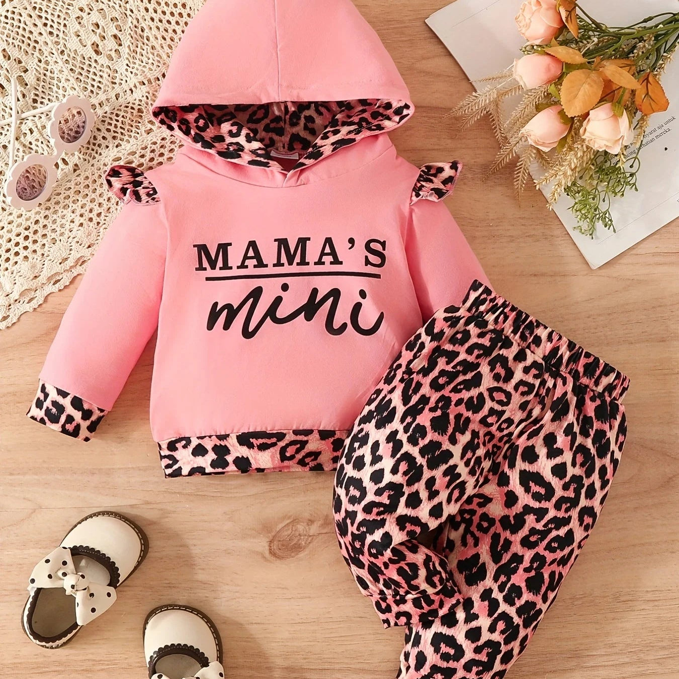3 months to 3 years old baby girls casual leopard print fashion clothing letter print hoodie pant suit autumn and winter Peach