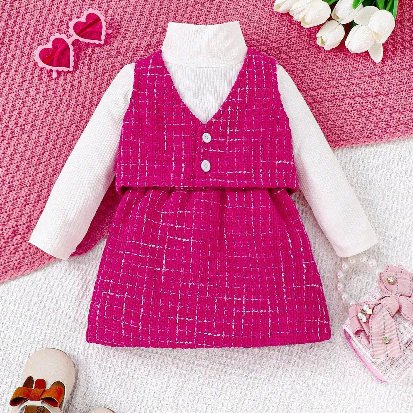 3-piece Autumn/Winter Baby Girl Cute and Sweet Western-Style White Long-Sleeved Rose Red Vest and Skirt Warm Comfort Suit AMAIO