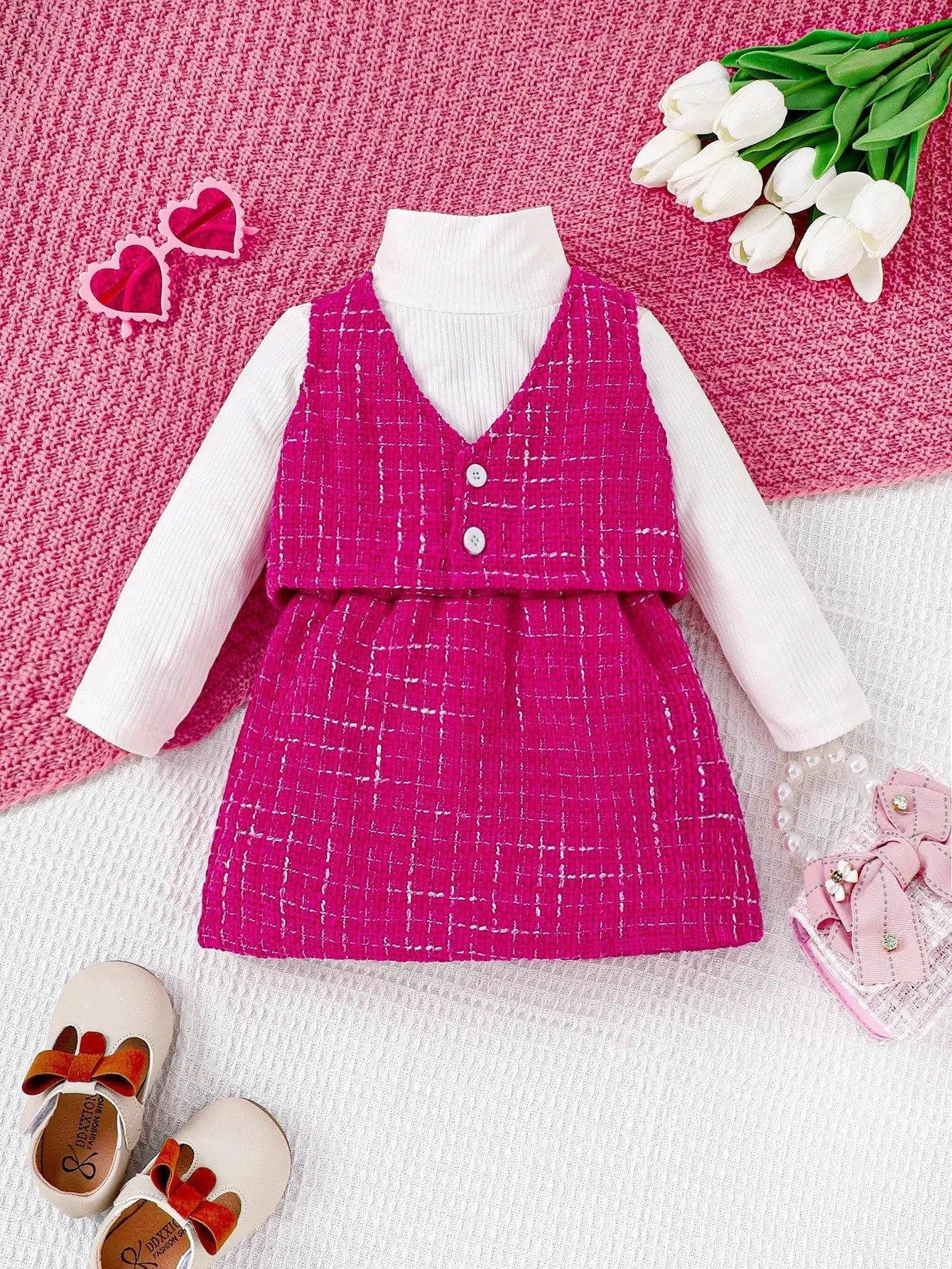 3-piece Autumn/Winter Baby Girl Cute and Sweet Western-Style White Long-Sleeved Rose Red Vest and Skirt Warm Comfort Suit Rose red