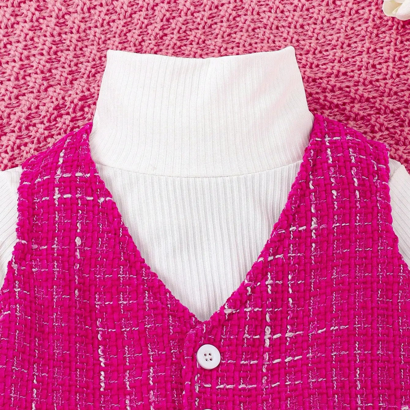 3-piece Autumn/Winter Baby Girl Cute and Sweet Western-Style White Long-Sleeved Rose Red Vest and Skirt Warm Comfort Suit