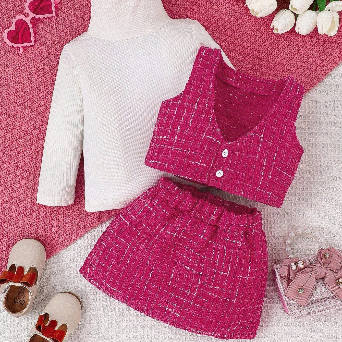 3-piece Autumn/Winter Baby Girl Cute and Sweet Western-Style White Long-Sleeved Rose Red Vest and Skirt Warm Comfort Suit