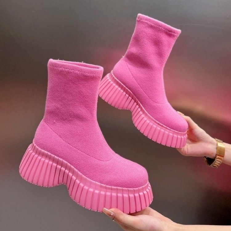 Thick Sole Long Boots Solid Color New Fashion Trendy Fly-woven Elastic Shoes Women's Winter FootwearHigh Boots Rose Red Short