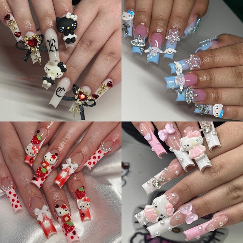 37style Sanrios Kuromi Hello Kitty My Melody Anime Y2k Europe and America Handmade Press on Nails Long Nails Design Manicure AMAIO