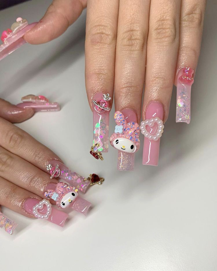 37style Sanrios Kuromi Hello Kitty My Melody Anime Y2k Europe and America Handmade Press on Nails Long Nails Design Manicure