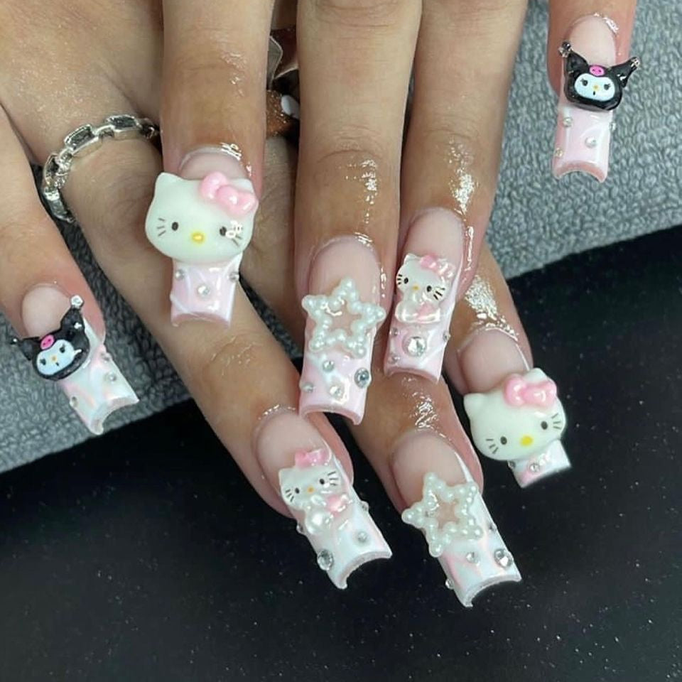 37style Sanrios Kuromi Hello Kitty My Melody Anime Y2k Europe and America Handmade Press on Nails Long Nails Design Manicure 7