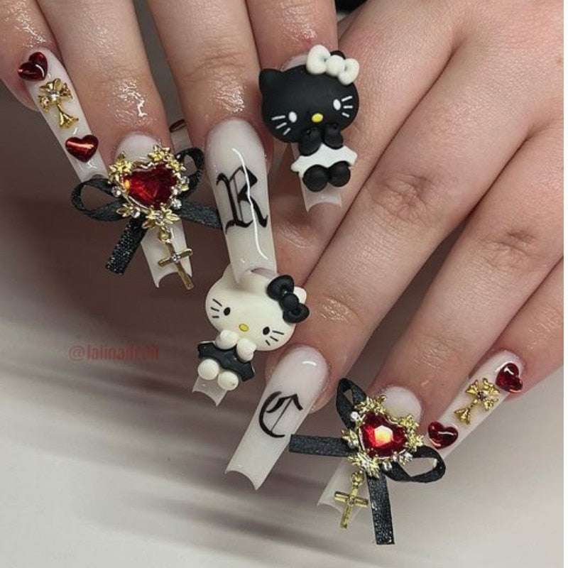 37style Sanrios Kuromi Hello Kitty My Melody Anime Y2k Europe and America Handmade Press on Nails Long Nails Design Manicure D