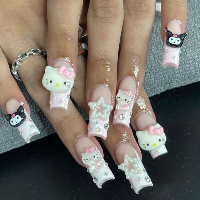 37style Sanrios Kuromi Hello Kitty My Melody Anime Y2k Europe and America Handmade Press on Nails Long Nails Design Manicure B