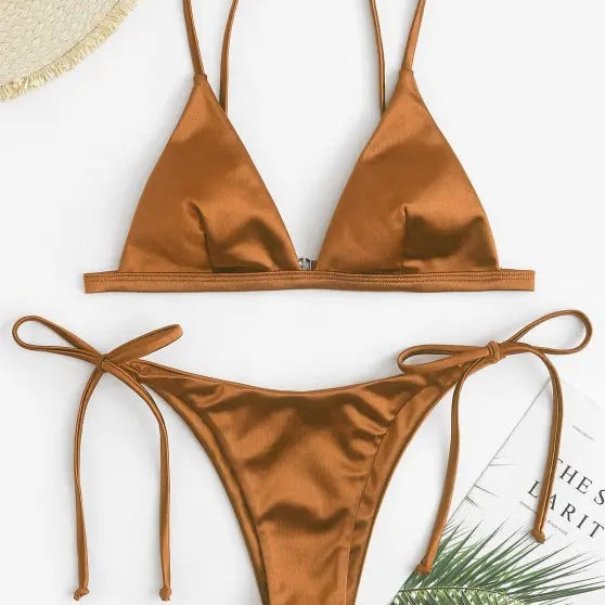 Three-point Bikini With Hanging Neck Solid And Simple Color Coffee