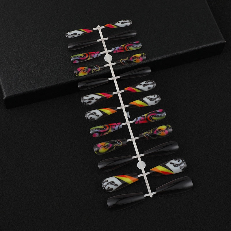 3D Fake nails set press on faux ongles capsule tips DIY manicure supplies Colorful sheet music designs long false acrylic nails