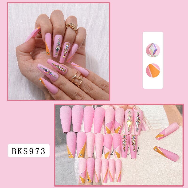 3D ballet fake nails accessories Light Luxury Diamond pink long tips french coffin manicure faux ongles press on false nail set Default Title
