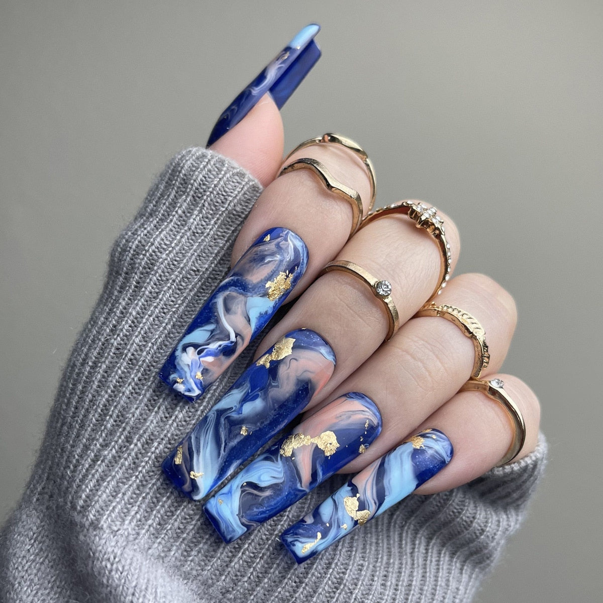 3D ballet fake nails accessories long french coffin tips Dream Blue Ink Printing with gold foils faux ongles press on false nail AMAIO