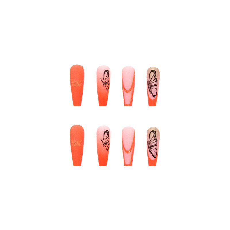 3D ballet fake nails set graident orange french coffin tips with black butterfly gold glitters faux ongles press on false nail