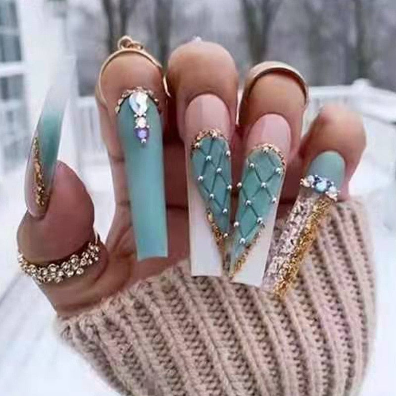 3D ballet fake nails set summer Green heart with glitter diamond designs long french coffin tips faux ongles press on false nail AMAIO