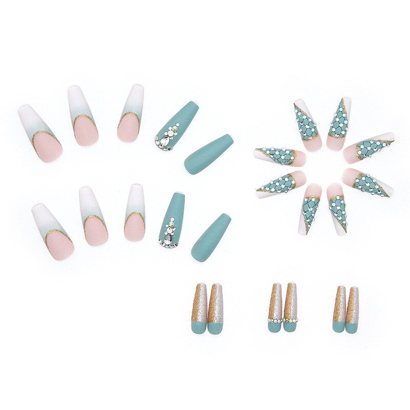 3D ballet fake nails set summer Green heart with glitter diamond designs long french coffin tips faux ongles press on false nail