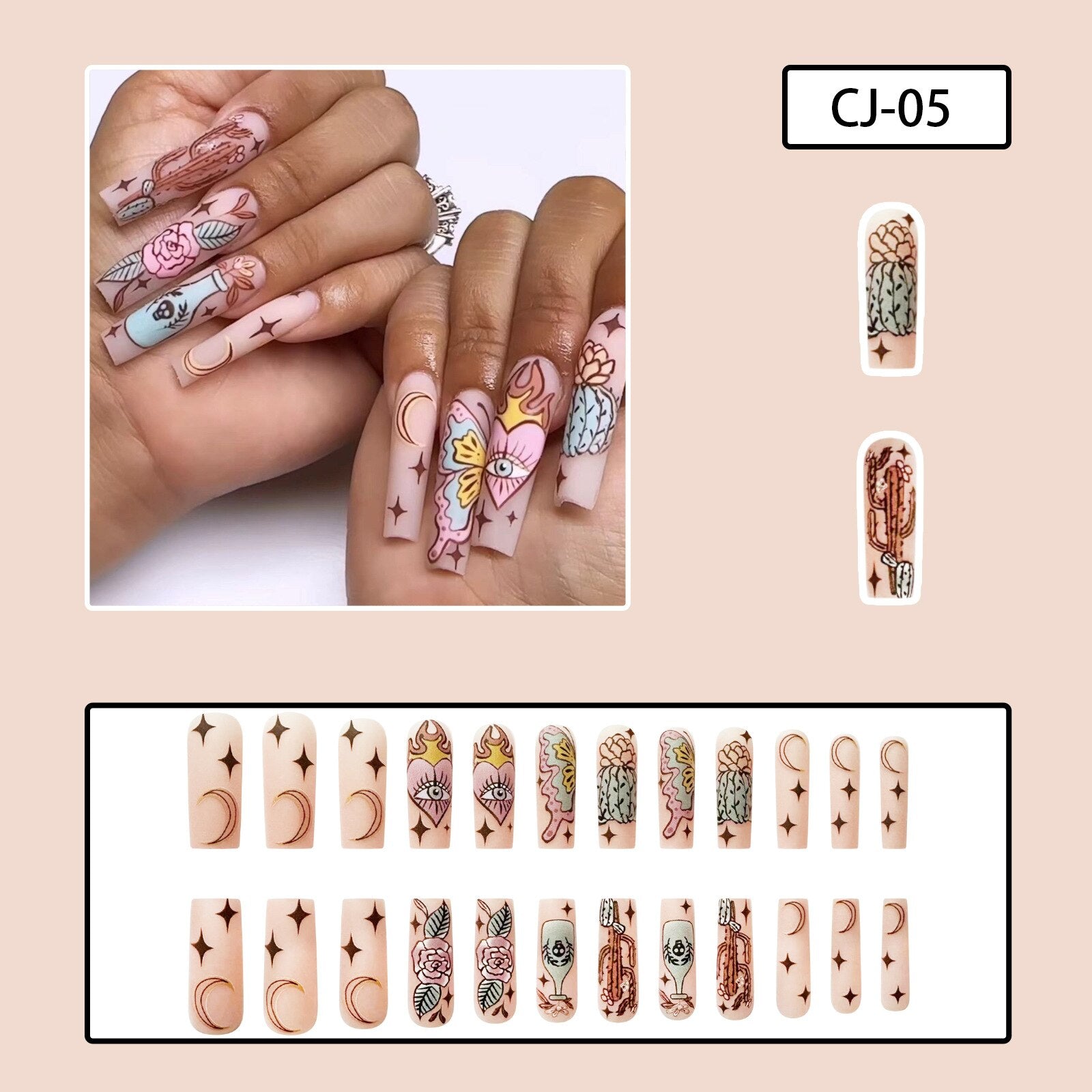 3D cartoon fake nails accessories Summer autumn Cactus Flame Love eye DIY faux ongles press on acrylic false nail set supplies Default Title