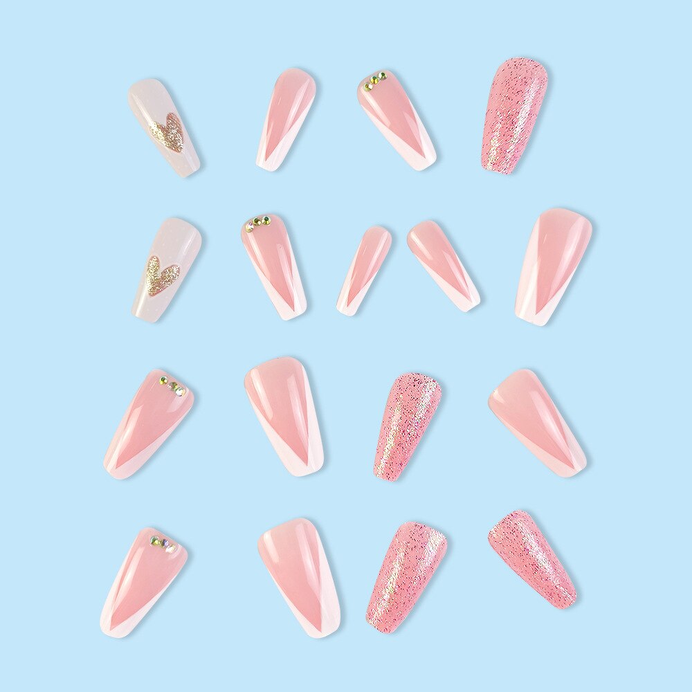 3D cool sweet pink strobe fake nails glitter heart designs french coffin tips with diamond faux ongles press on false nail set