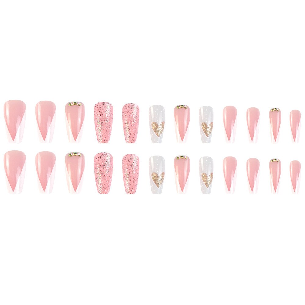 3D cool sweet pink strobe fake nails glitter heart designs french coffin tips with diamond faux ongles press on false nail set