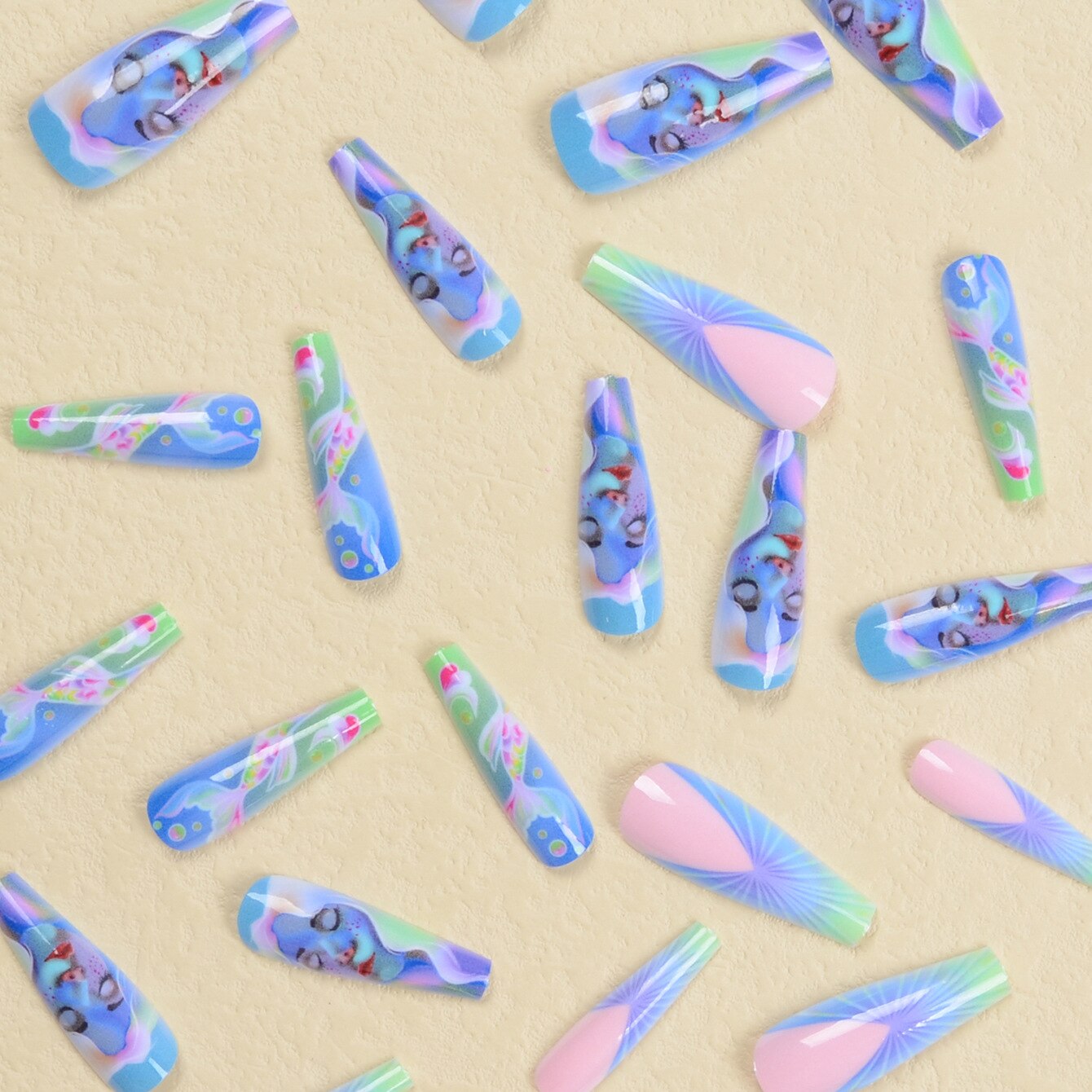 3D fake nails accessories Ocean series wearing manicure mermaid nail patch long french coffin tips press on false nail supplies