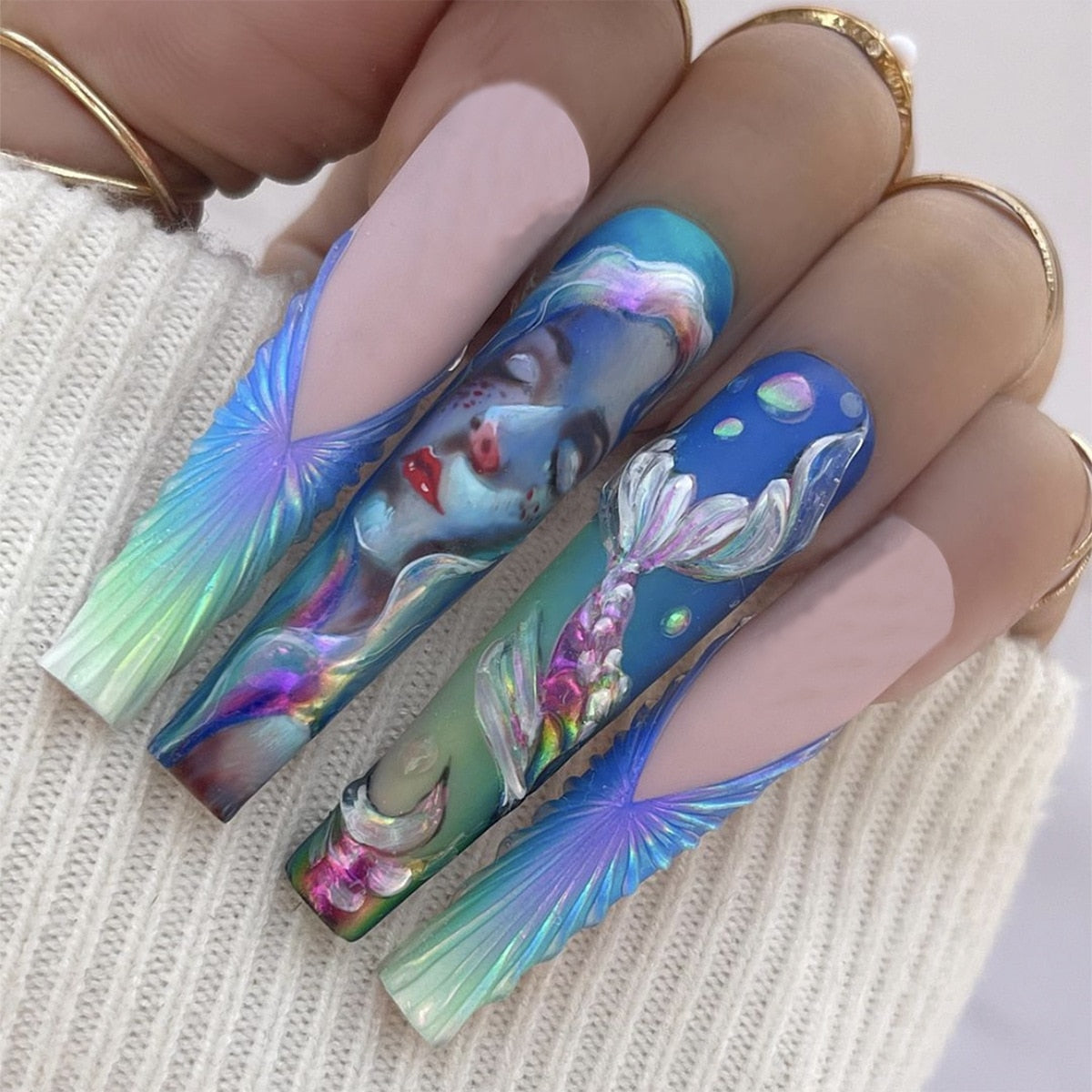 3D fake nails accessories Ocean series wearing manicure mermaid nail patch long french coffin tips press on false nail supplies AMAIO