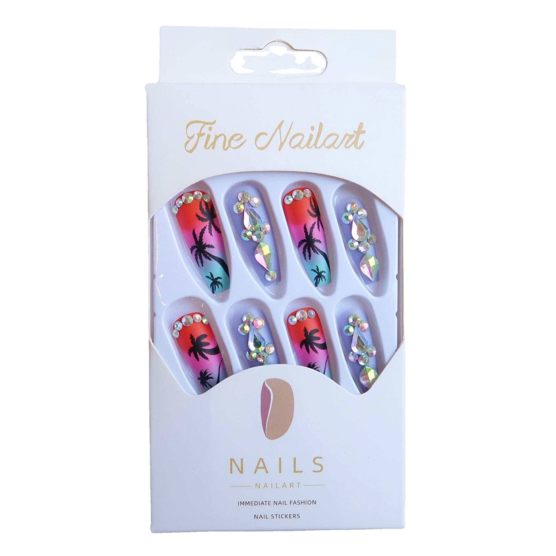3D fake nails accessories Tropical Coconut Tree designs long french coffin tips faux ongles press on false acrylic nail supplies