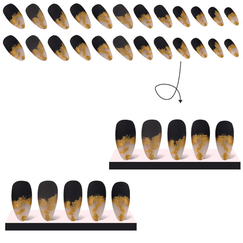 3D fake nails accessories black gold glitters french almond wearing tips faux ongles press on acrylic false nail set supplies