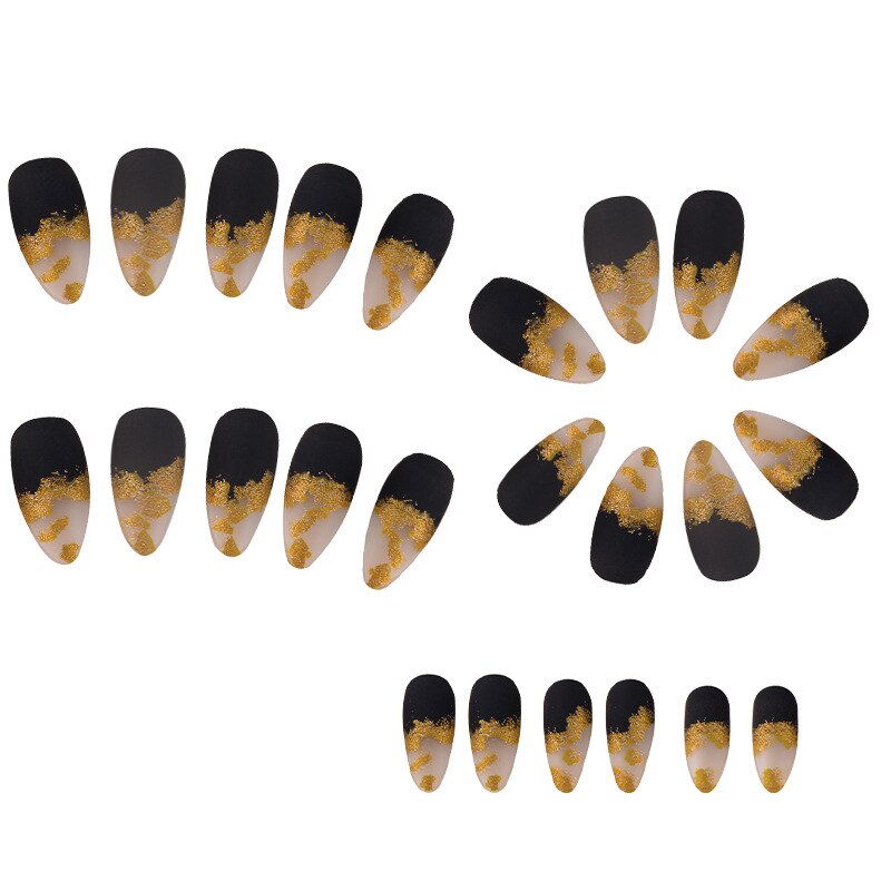 3D fake nails accessories black gold glitters french almond wearing tips faux ongles press on acrylic false nail set supplies