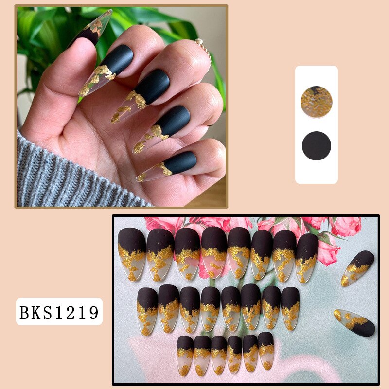 3D fake nails accessories black gold glitters french almond wearing tips faux ongles press on acrylic false nail set supplies Default Title