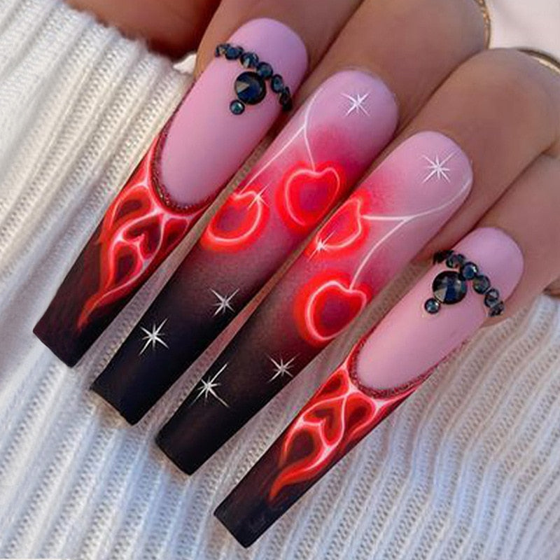 3D fake nails accessories falme cherry heart with diamond design long french coffin tips faux ongles press on false nails supply