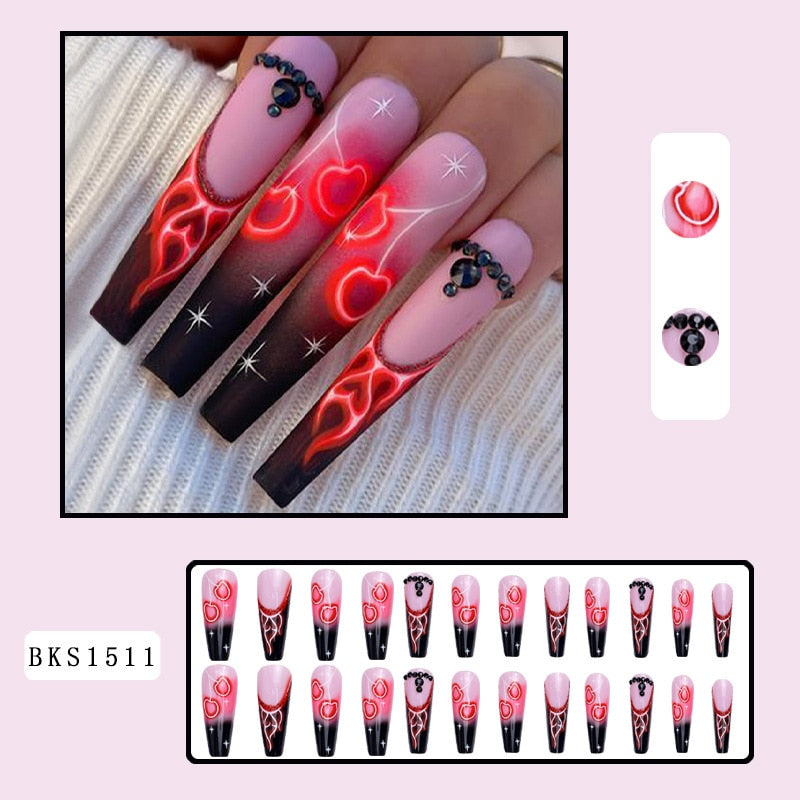 3D fake nails accessories falme cherry heart with diamond design long french coffin tips faux ongles press on false nails supply Default Title