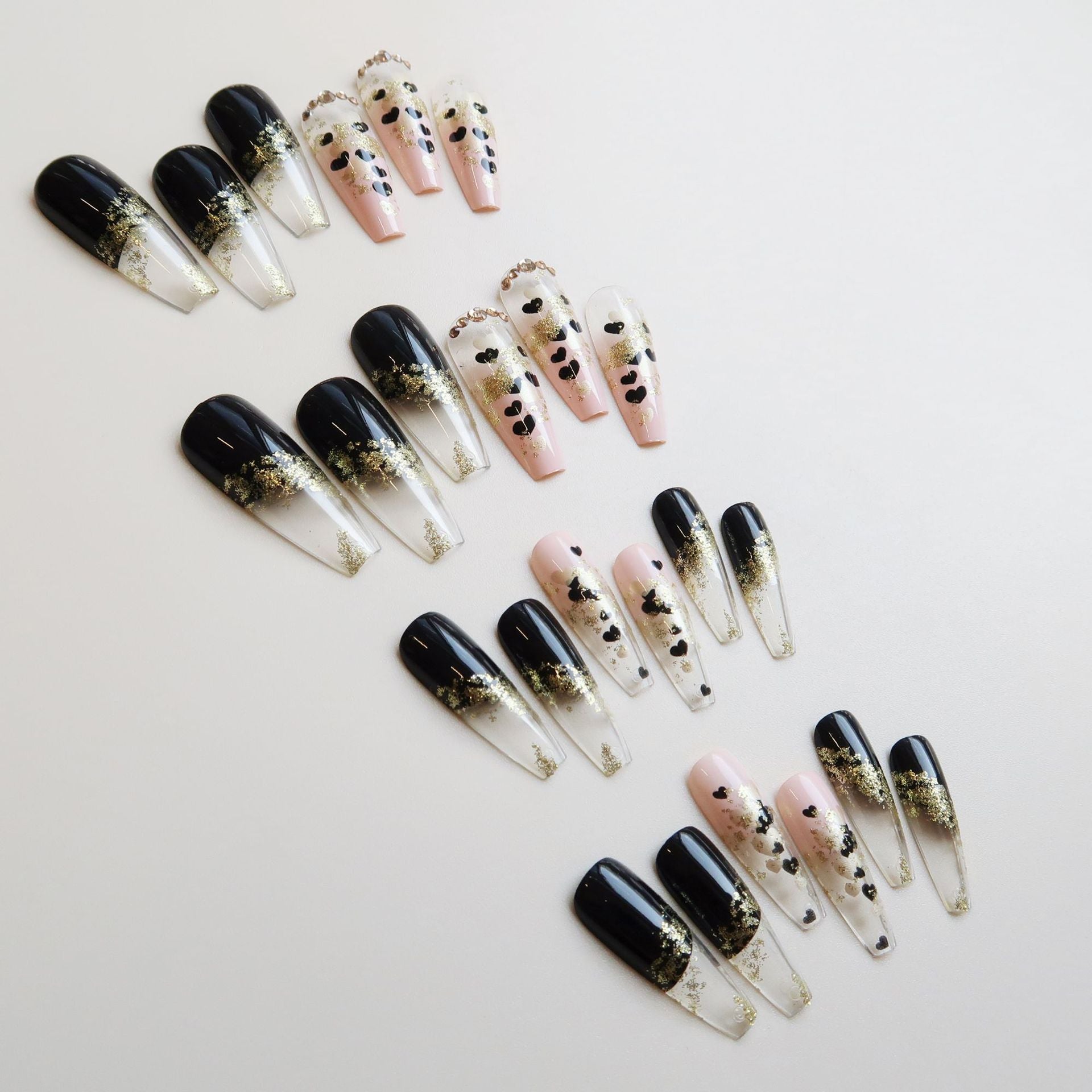 3D fake nails accessories long french coffin tips black gold heart glitters with diamond designs faux ongles press on false nail
