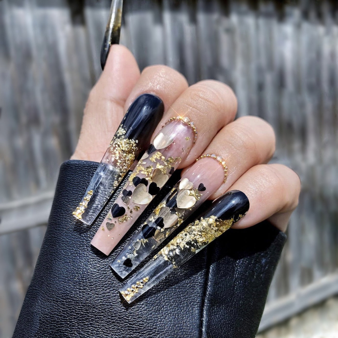 3D fake nails accessories long french coffin tips black gold heart glitters with diamond designs faux ongles press on false nail AMAIO
