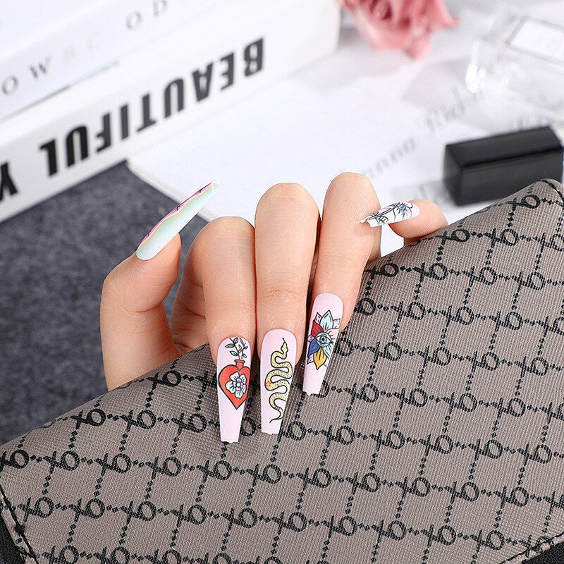 3D fake nails accessories long french coffin tips frog snake rose flower designs faux ongles press on acrylic false nail set B no box