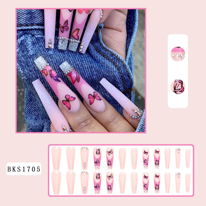 3D fake nails accessories long french coffin tips with red butterfly diamond glitter designs faux ongles press on false nail set Default Title