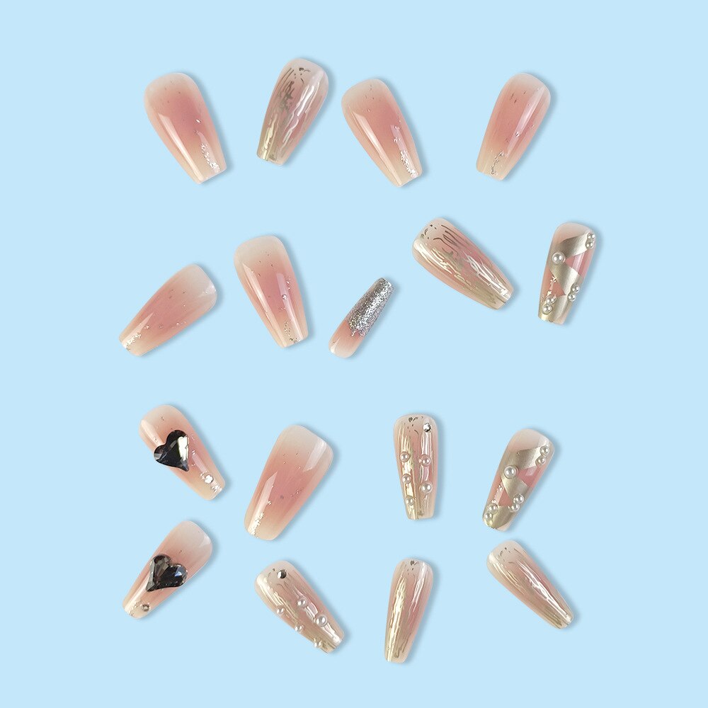 3D fake nails accessories nude french coffin tips with glitter diamond pearls faux ongles manicure press on false nail supplies