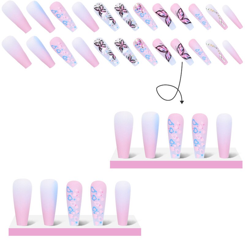 3D fake nails accessories rainbow butterfly with diamond glitters design long french coffin tips faux ongles press on false nail