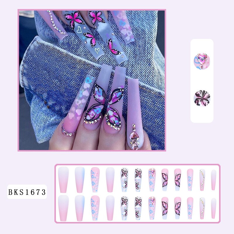 3D fake nails accessories rainbow butterfly with diamond glitters design long french coffin tips faux ongles press on false nail Default Title