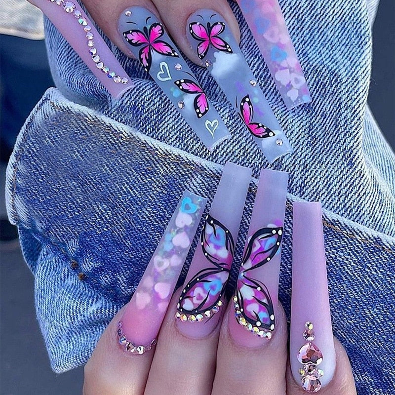 3D fake nails accessories rainbow butterfly with diamond glitters design long french coffin tips faux ongles press on false nail AMAIO