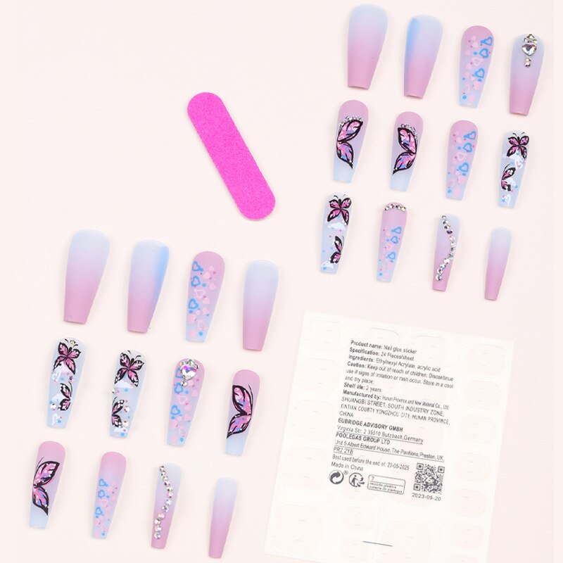 3D fake nails accessories rainbow butterfly with diamond glitters design long french coffin tips faux ongles press on false nail