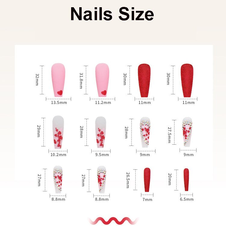 3D fake nails accessories red heart with glitter diamond designs long french coffin tips faux ongles press on false nails set