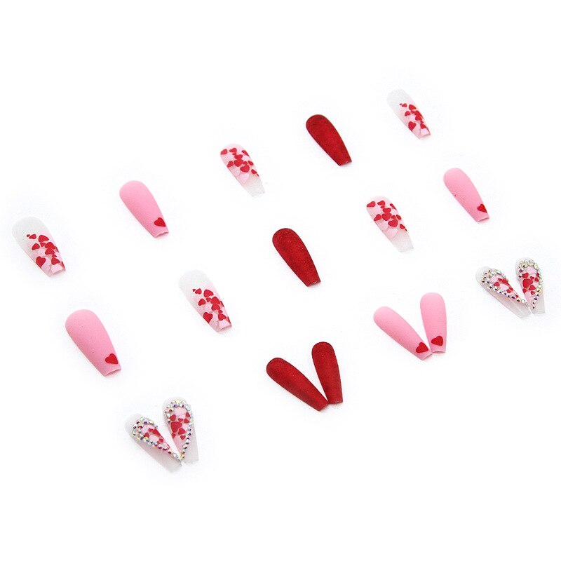 3D fake nails accessories red heart with glitter diamond designs long french coffin tips faux ongles press on false nails set